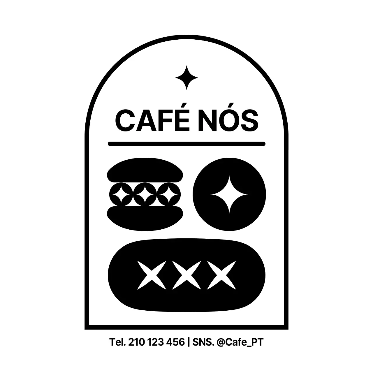 Ícone de sobremesa simples e limpo a preto e branco e estilo de combinação de texto para promover e informar o seu café