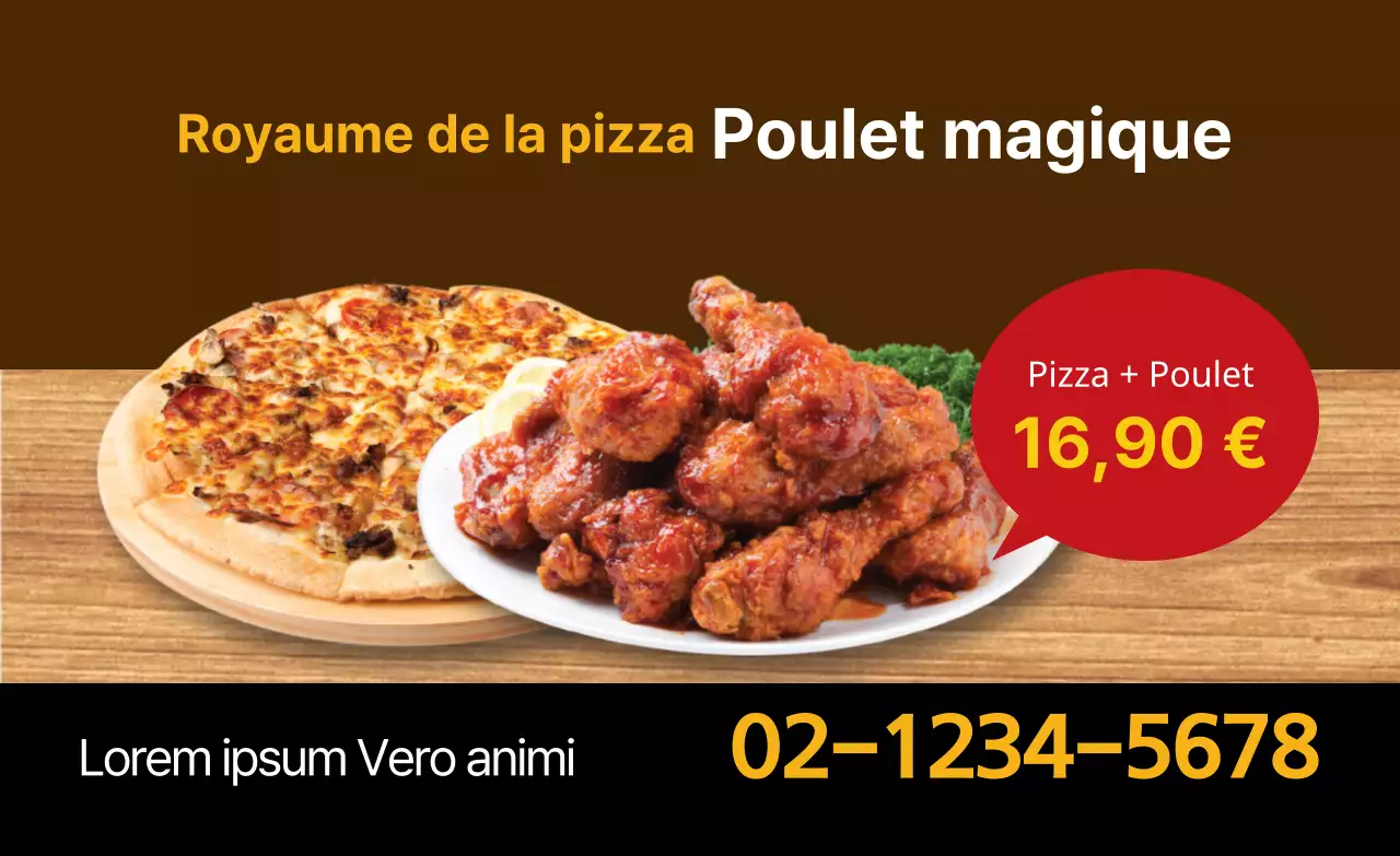 Une photo brune met en évidence un restaurant propre promouvant la pizza au poulet