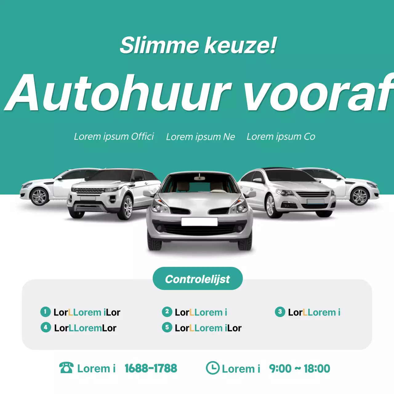 Promoties en evenementen voor autoverhuur in blauw, groen en wit (sociale mediapleinen)