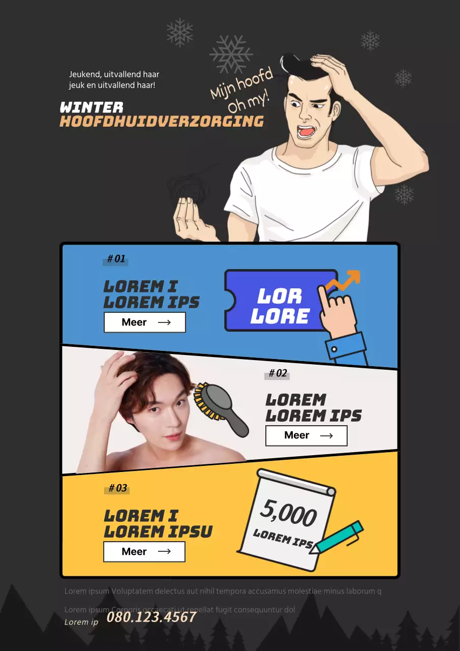 Grappige zwarte, blauwe en gele flyer voor hoofdhuidverzorging