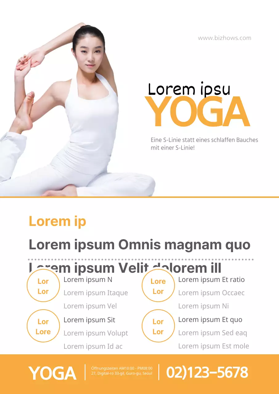 Werbung für eine Yogaschule mit orangefarbenen und weißen Schlüsselwörtern für Gesundheit und Schönheit