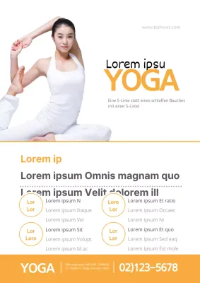 Werbung für eine Yogaschule mit orangefarbenen und weißen Schlüsselwörtern für Gesundheit und Schönheit