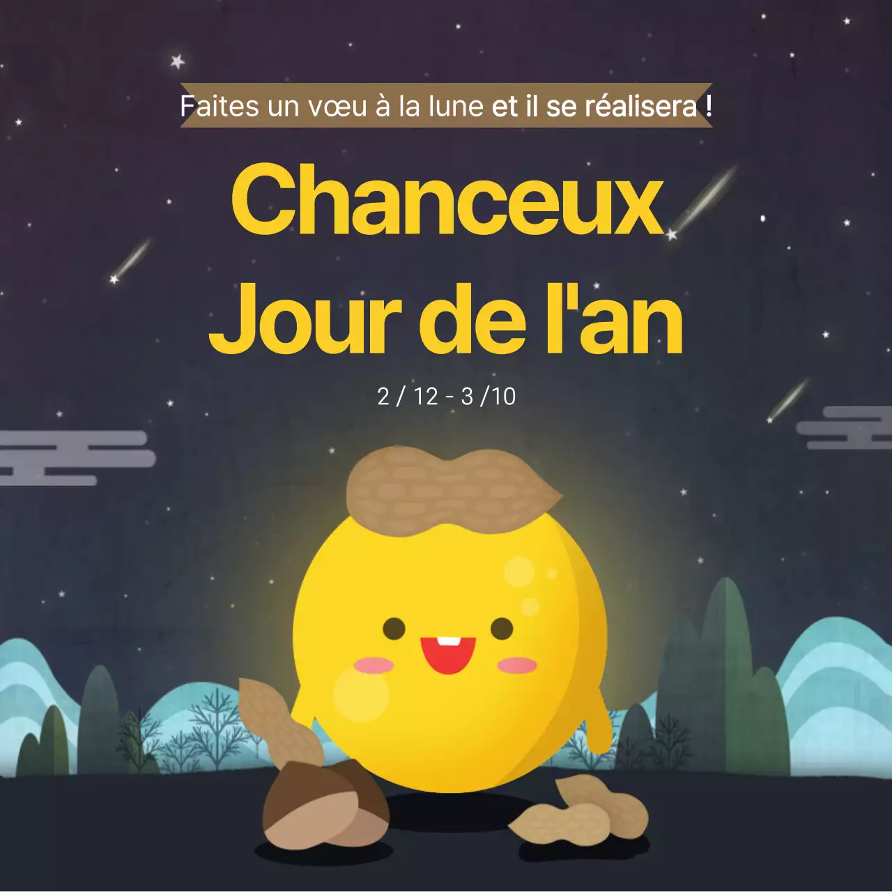 Mignonne affiche carrée du réveillon du Nouvel An en jaune et bleu marine