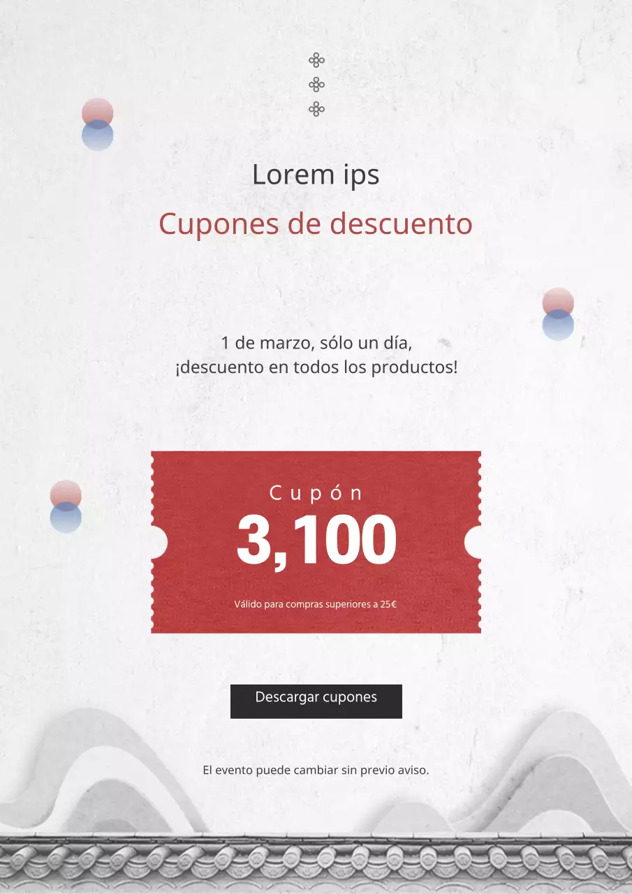 Cupón descuento de Año Nuevo con decoración blanca de inspiración oriental