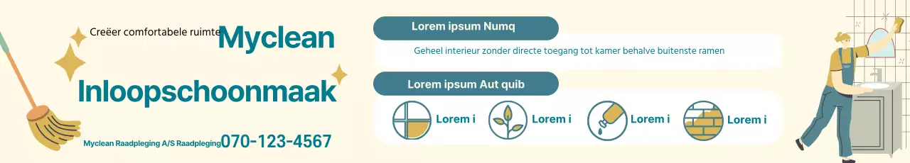 Blauw met gele illustratie ter promotie van een opgeruimde schoonmaakservice voor verhuizingen