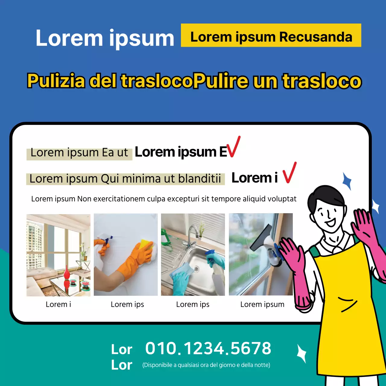 Illustrazione giallo-blu che promuove la pulizia