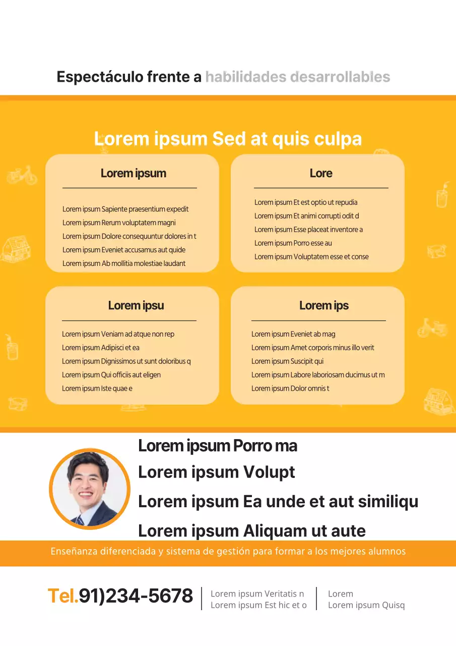 Describe y promociona tu academia de inglés con fotos de profesores en naranja.