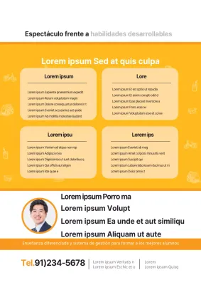 Describe y promociona tu academia de inglés con fotos de profesores en naranja.