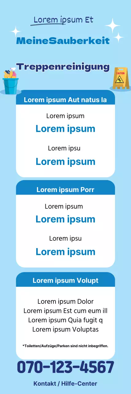 Blaue Illustration, die für einen sauberen Reinigungsdienst wirbt