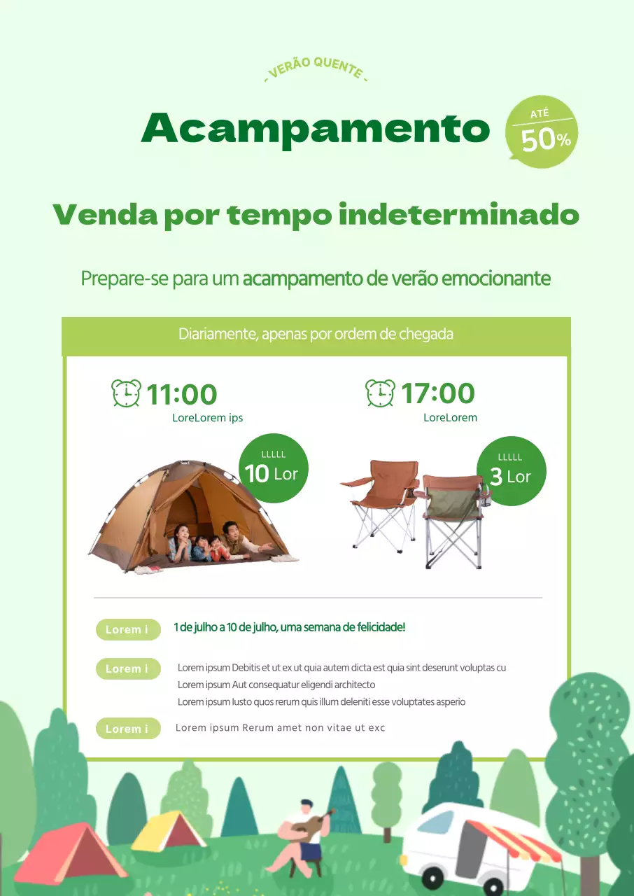 Cartaz de venda de campismo verde-limão