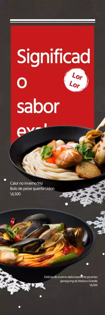 Promoção de um prato de massa quente de inverno com uma ilustração de cristais de neve vermelhos