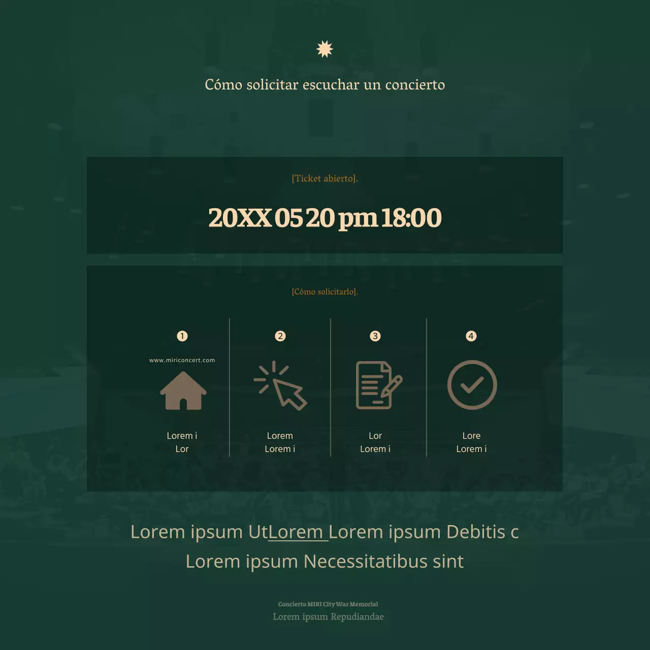 Un limpio anuncio de concierto orquestal en fuente serif con lujosos tonos beige y verde oscuro