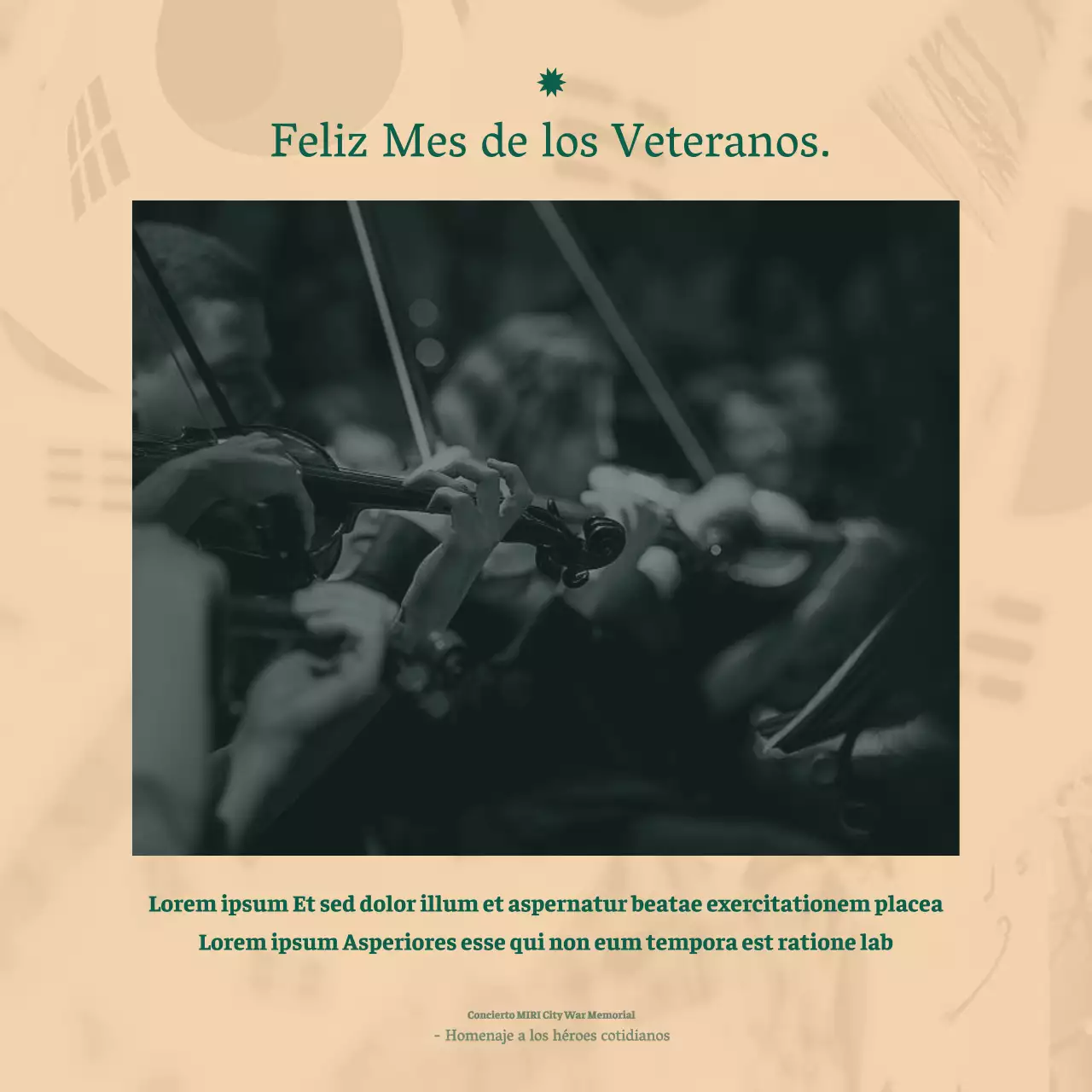 Un limpio anuncio de concierto orquestal en fuente serif con lujosos tonos beige y verde oscuro