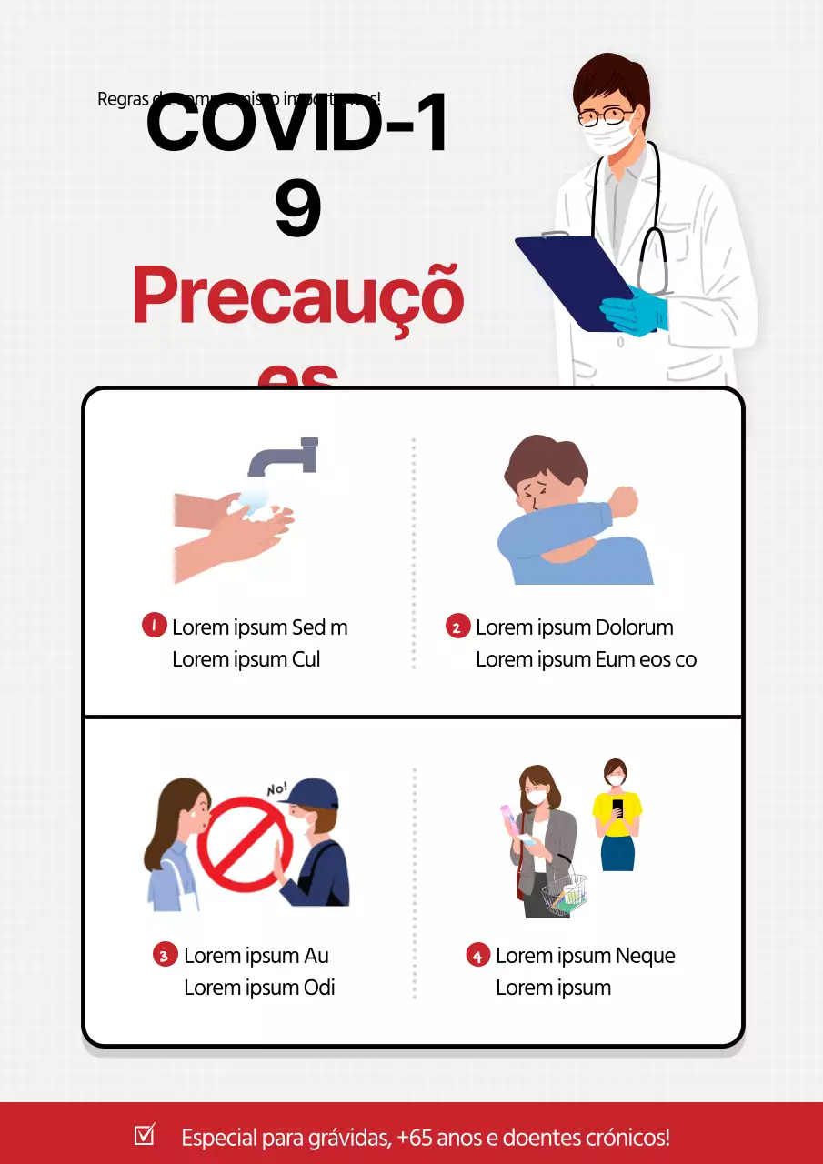 Um guia limpo, vermelho e branco para as precauções contra a COVID-19