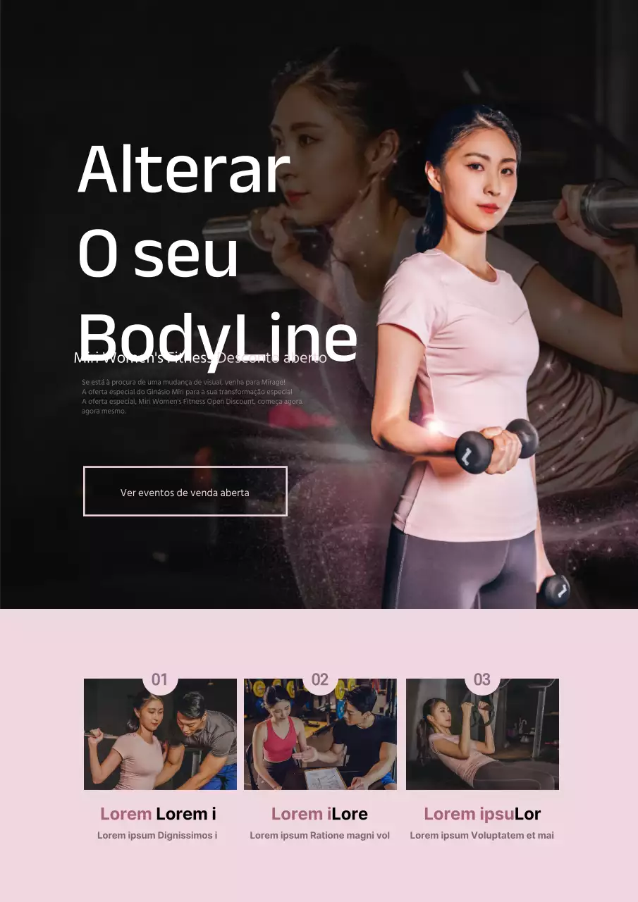 Promover um evento de abertura de um ginásio só para mulheres com uma fotografia cor-de-rosa de uma mulher a fazer exercício.