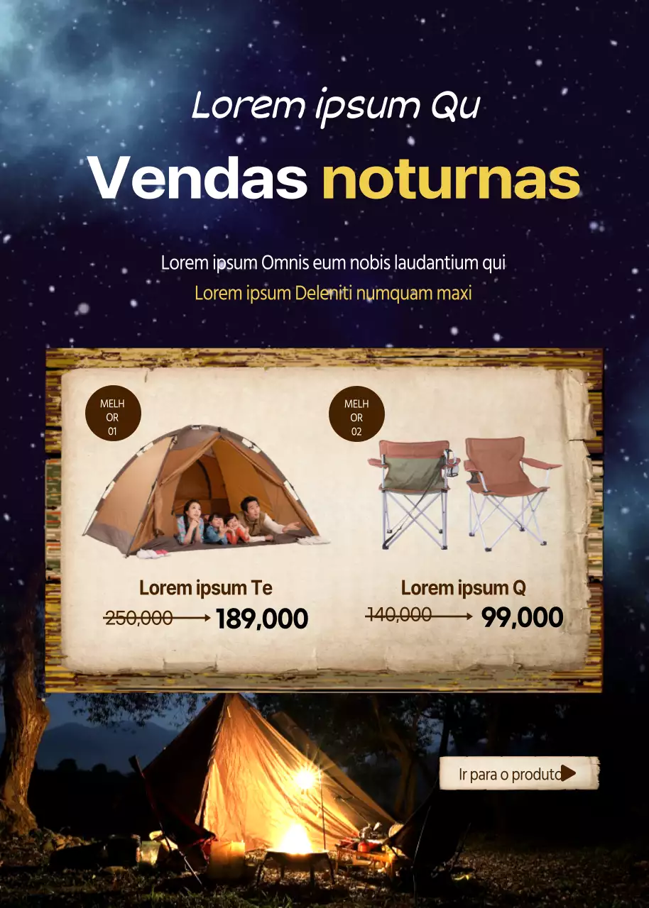 Venda a horas tardias de equipamento de campismo azul e castanho