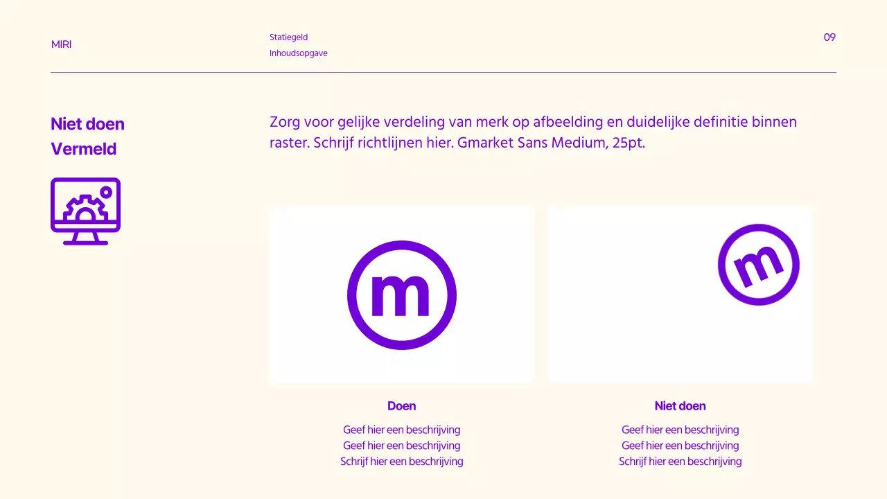 Merkrichtlijnen met strakke tekstaccenten in paars en citroen