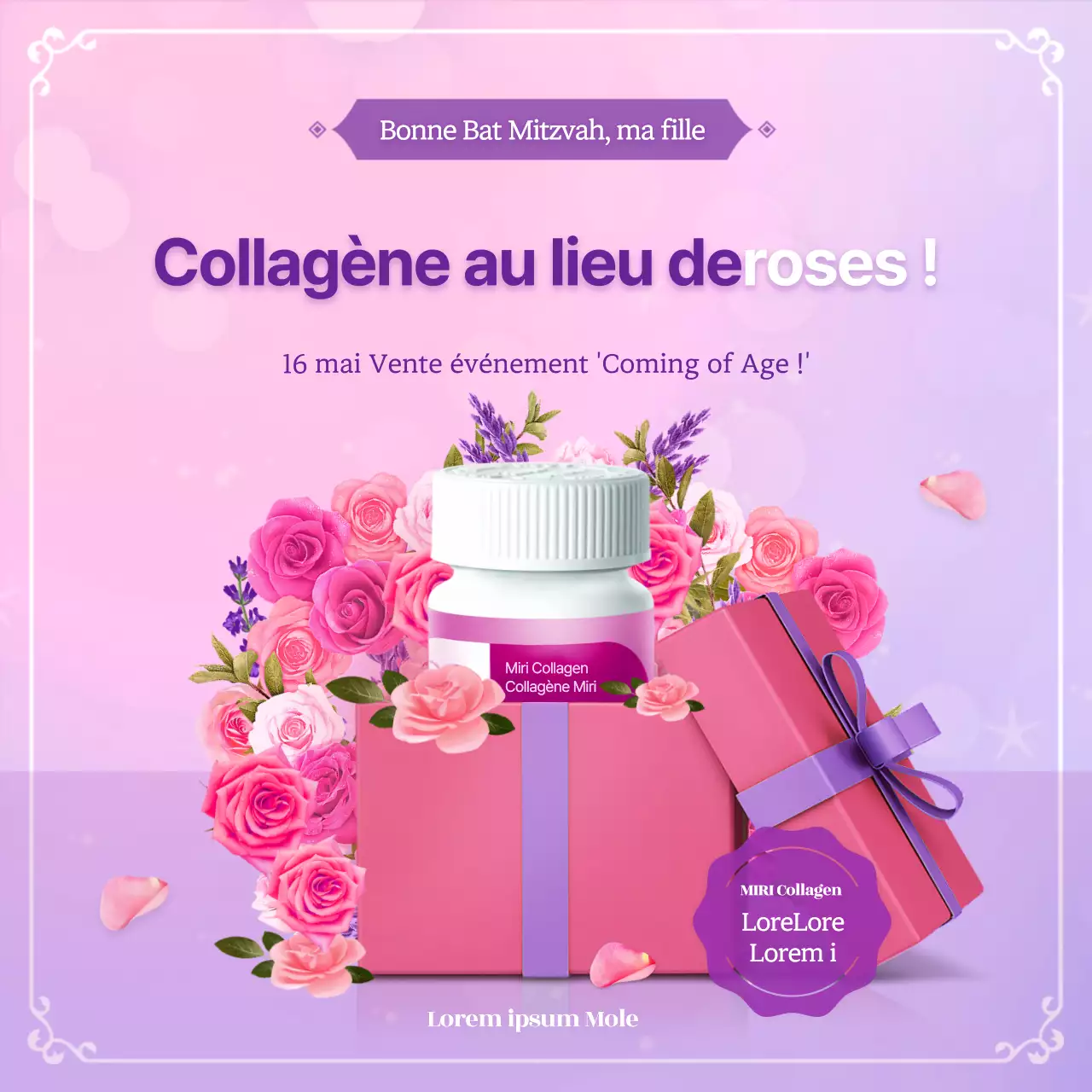 Un arrière-plan de roses féminines en rose et violet pour un événement de collagène de passage à l'âge adulte.