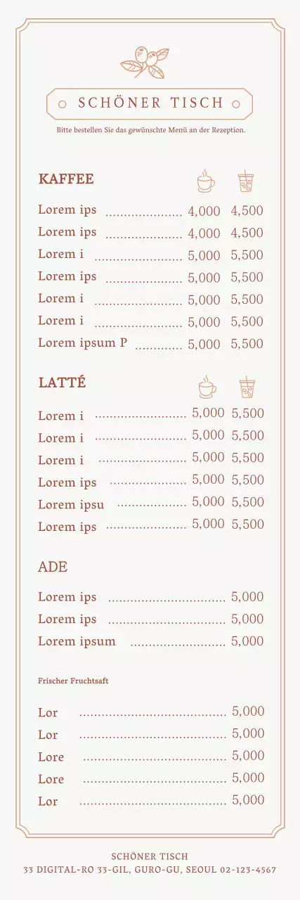 Ein Leitfaden für die Speisekarte des Cafés mit einem emotionalen Rahmenkonzept