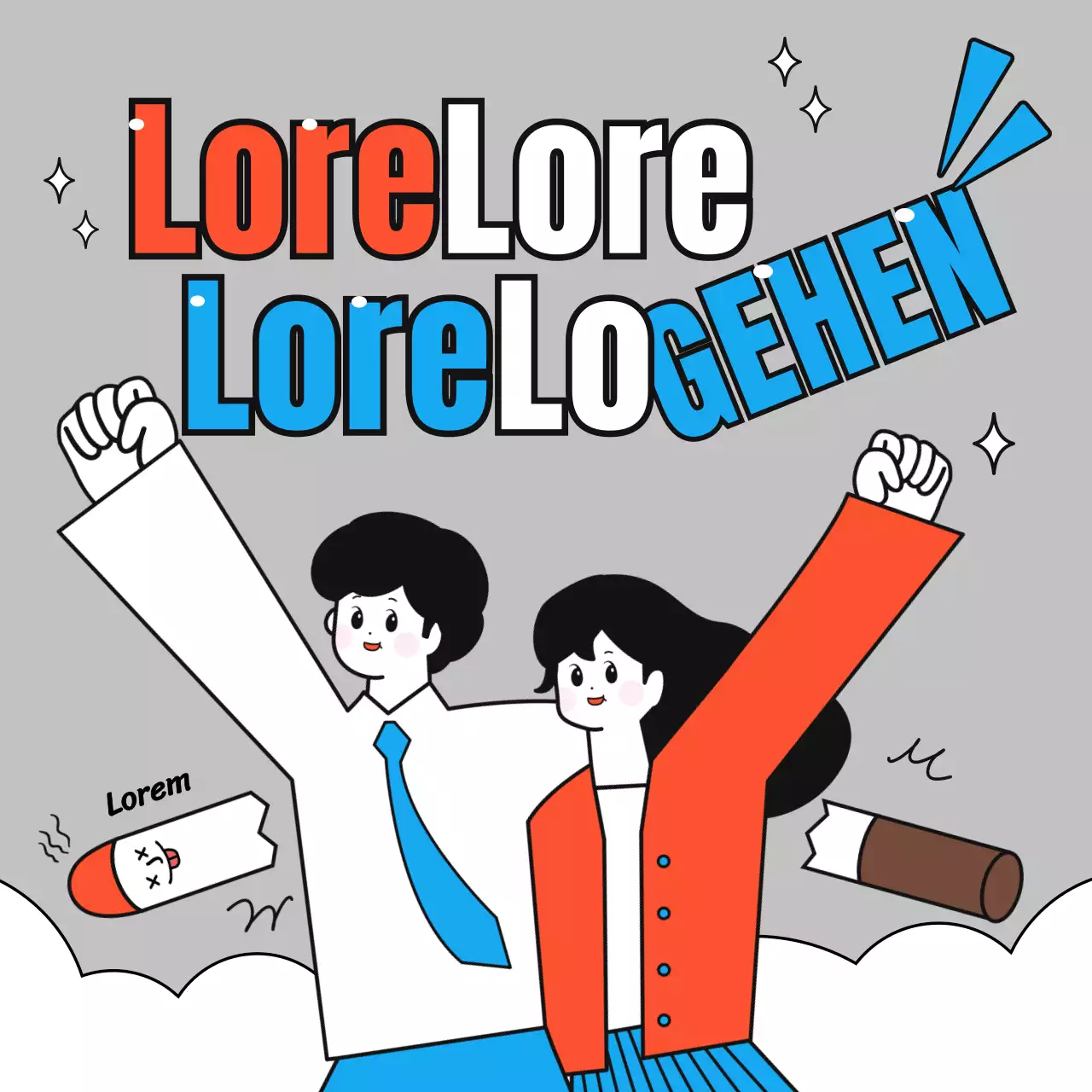 Einfache, niedliche Illustrationen in Rot, Blau und Grau zur Raucherentwöhnung