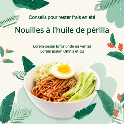 Illustration d'une feuille verte faisant la promotion de l'huile de périlla pour un kit de nouilles collantes