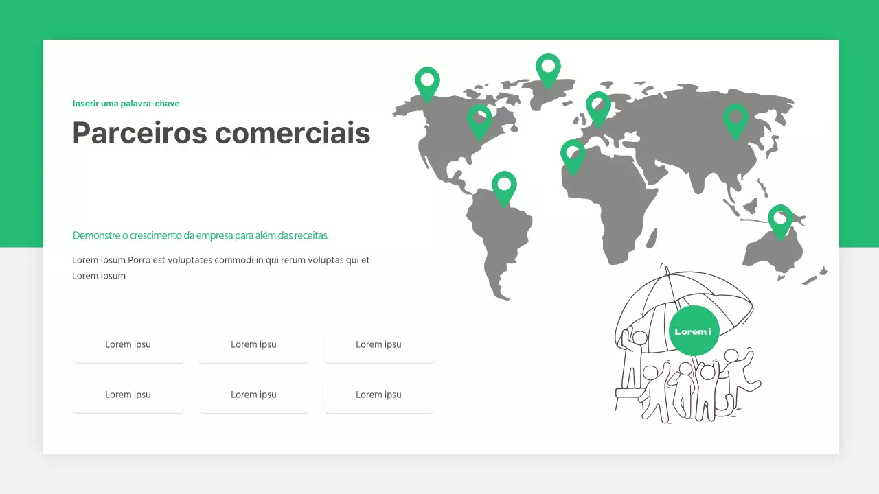 Um mapa-mundo de conceitos de startup em verde e cinzento