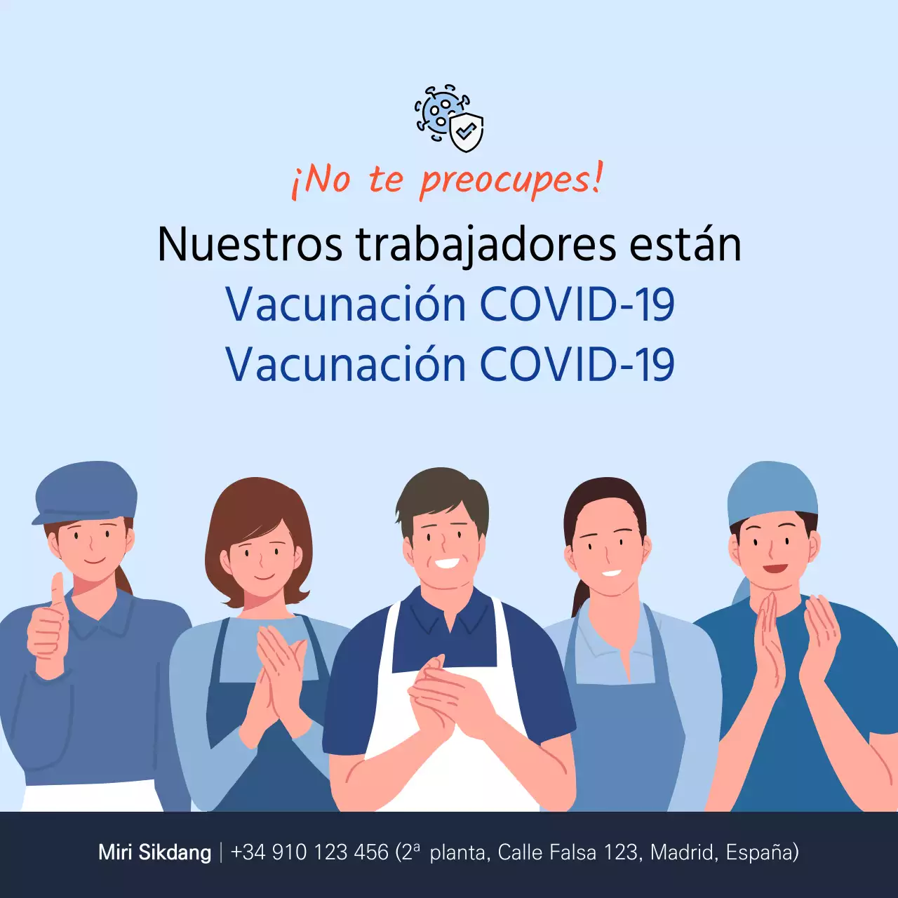 Cartel cuadrado de vacunación contra el coronavirus con ilustración azul