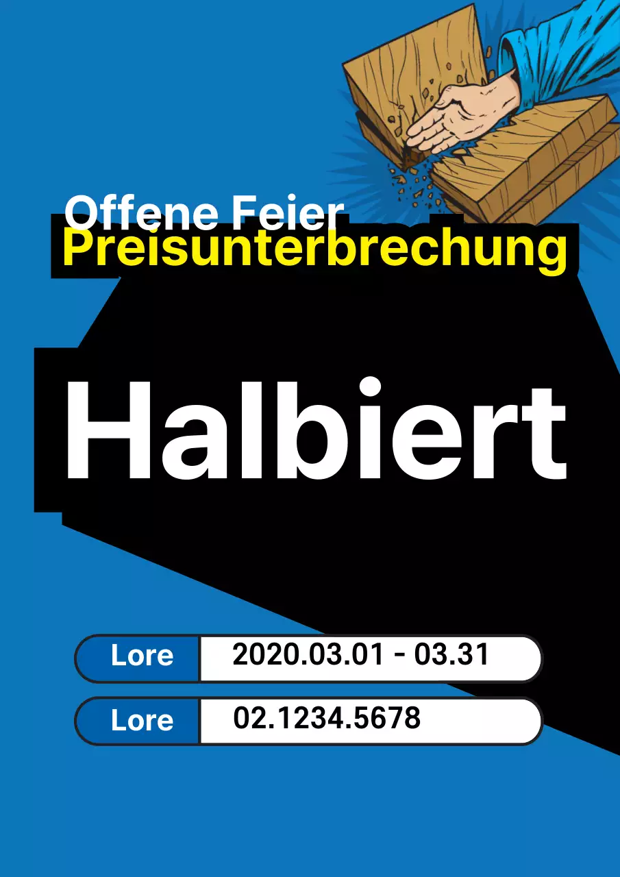 Flyer für eine Verkaufsveranstaltung anlässlich der Eröffnung mit einfachen blauen und gelben Akzenten
