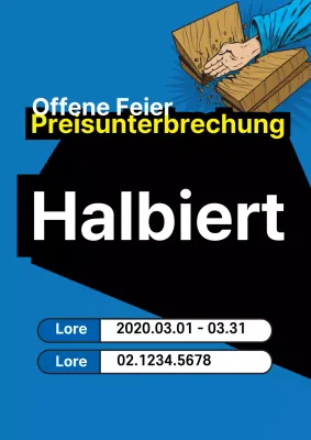 Flyer für eine Verkaufsveranstaltung anlässlich der Eröffnung mit einfachen blauen und gelben Akzenten