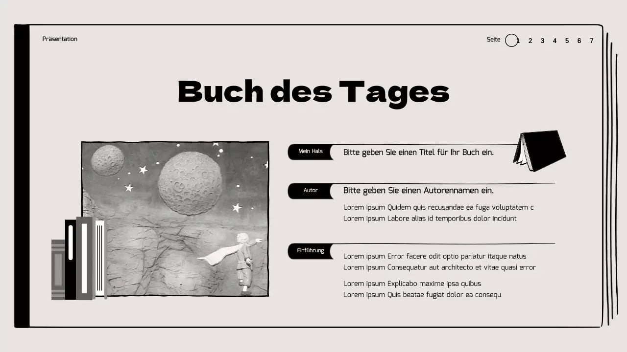 Buchbesprechung im Klassenzimmer mit hervorgehobenen Illustrationen in Beige und Schwarz