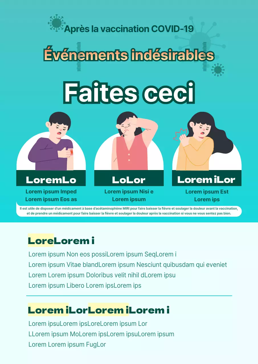 Instructions illustrées sur les effets indésirables des vaccins, avec un fond bleu contrasté et un texte rouge.