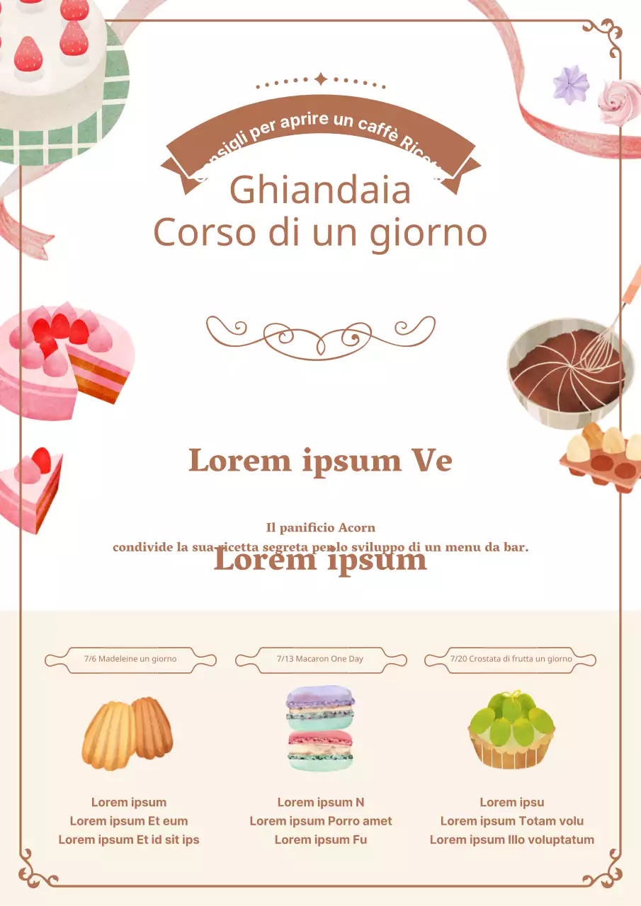 Promuovete un concetto morbido e caldo per i corsi di cucina con illustrazioni marroni e legate al dolce