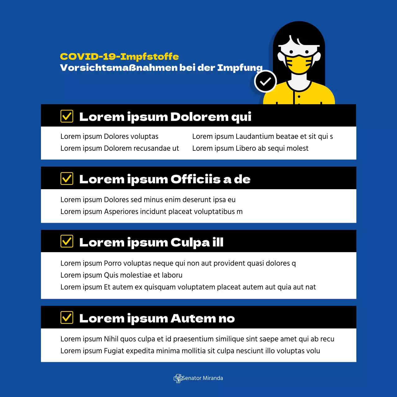 Quadratisches Plakat zur Coronavirus-Impfung mit Illustration und Tabelle in Blautönen.