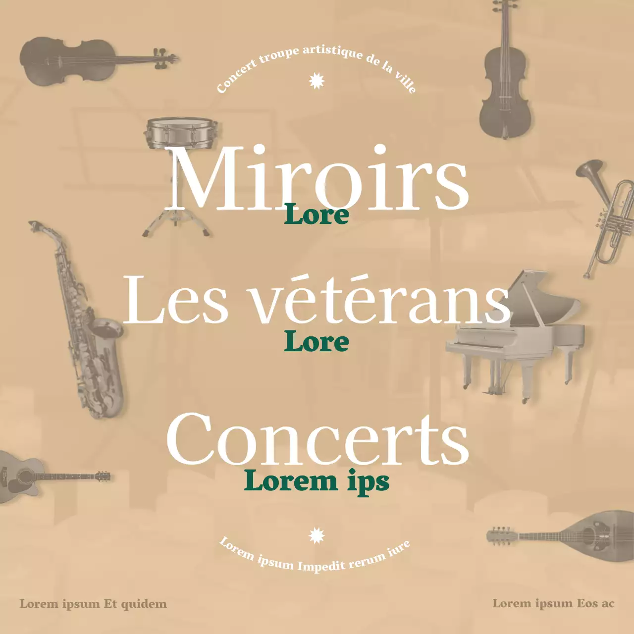 Une annonce de concert orchestral épurée dans une police à empattement avec de luxueuses nuances de beige et de vert foncé.