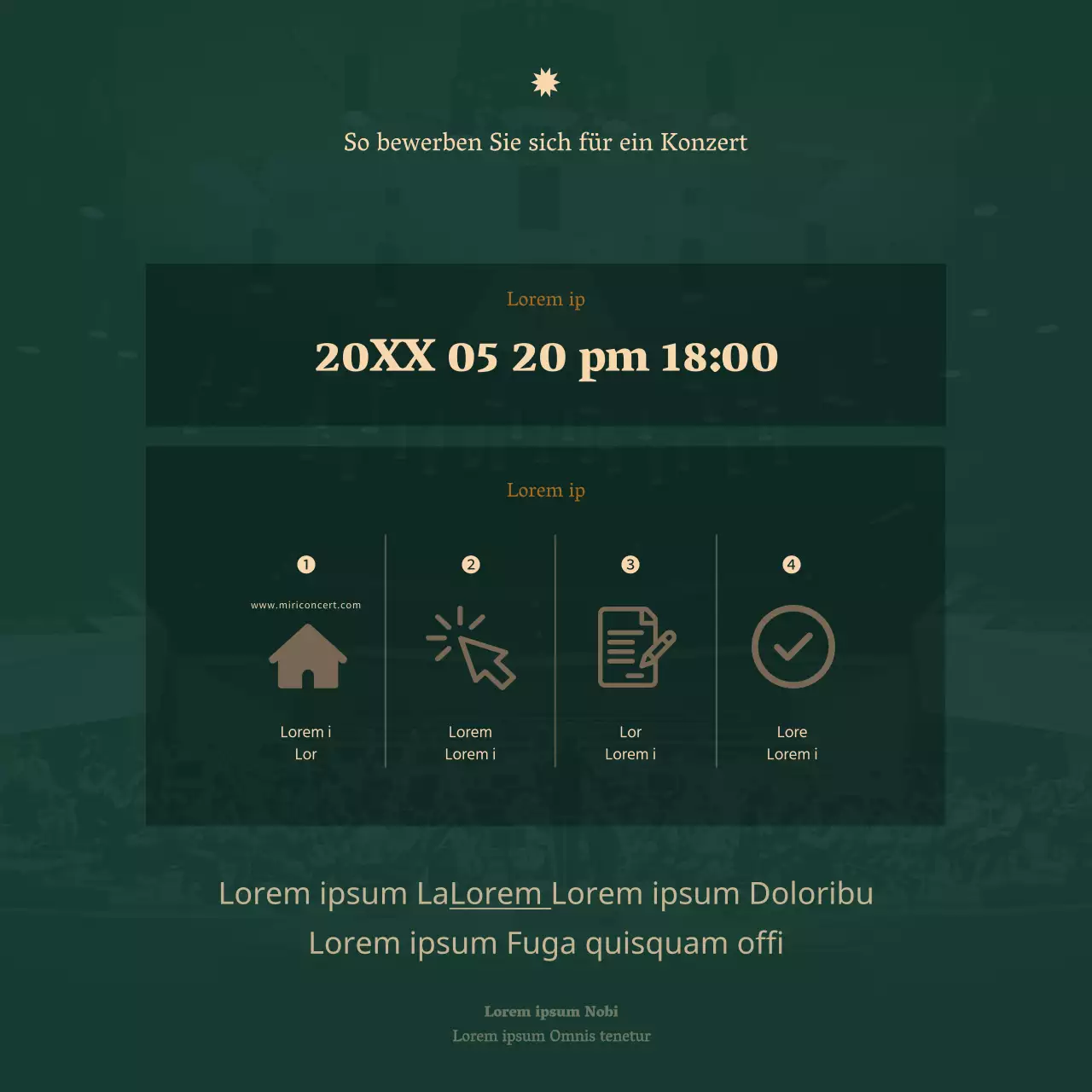 Eine klare orchestrale Konzertankündigung in einer Serifenschrift mit luxuriösen Beige- und Dunkelgrüntönen