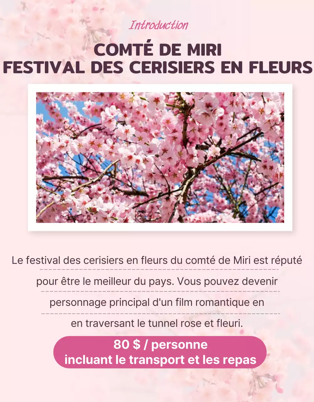 De jolies illustrations de cerisiers en fleurs en rose pastel pour promouvoir le voyage