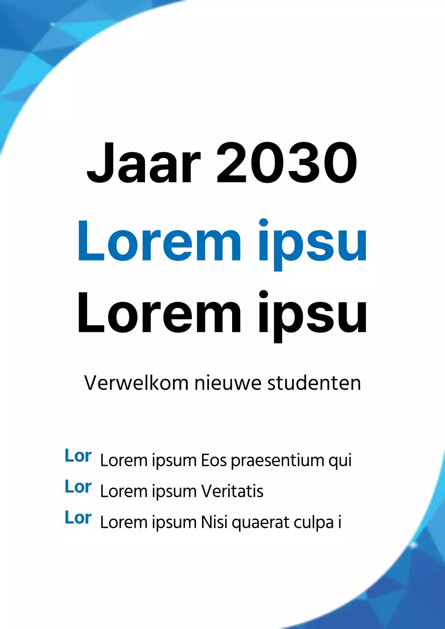 Een eenvoudige wit-blauwe flyer voor een welkomstevenement voor nieuwe studenten aan een universiteit