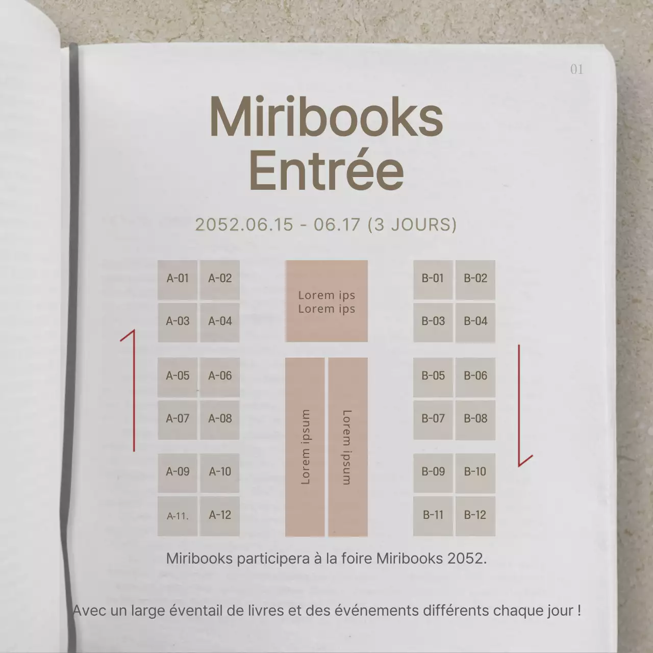 Informations sur les expositions de la foire du livre beige et noir
