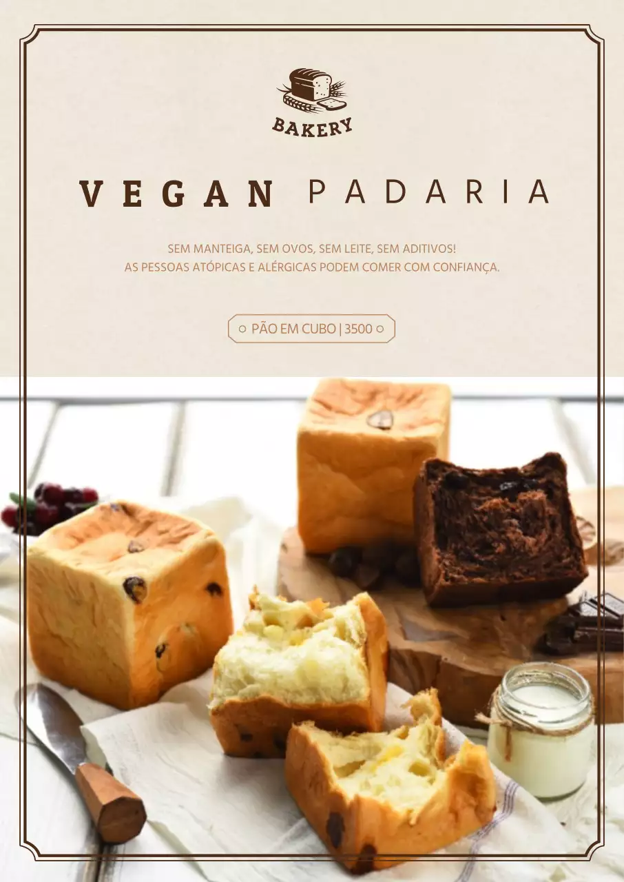 Menu de sobremesas de padaria vegan com ênfase na imagem bege