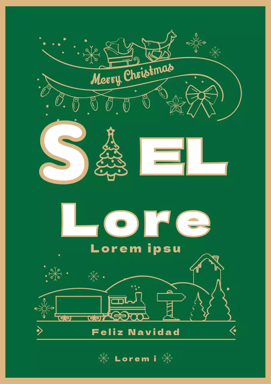 Folleto ilustrado de venta navideña con adornos verdes y dorados