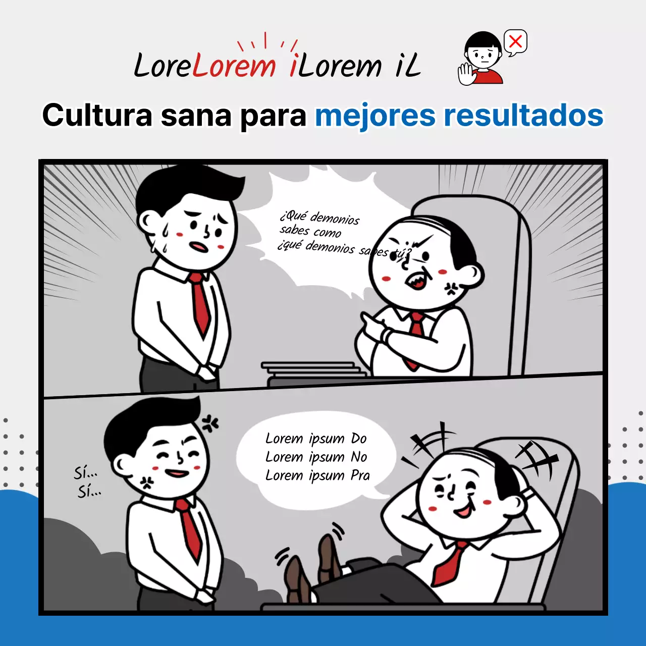 Modales de oficina y cultura organizativa saludable en un concepto de webtoon azul y gris