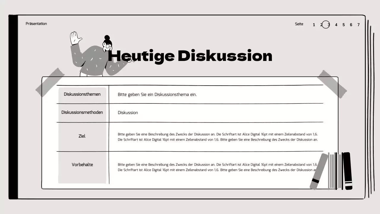 Buchbesprechung im Klassenzimmer mit hervorgehobenen Illustrationen in Beige und Schwarz