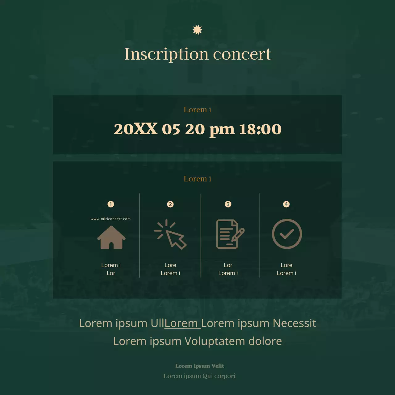 Une annonce de concert orchestral épurée dans une police à empattement avec de luxueuses nuances de beige et de vert foncé.