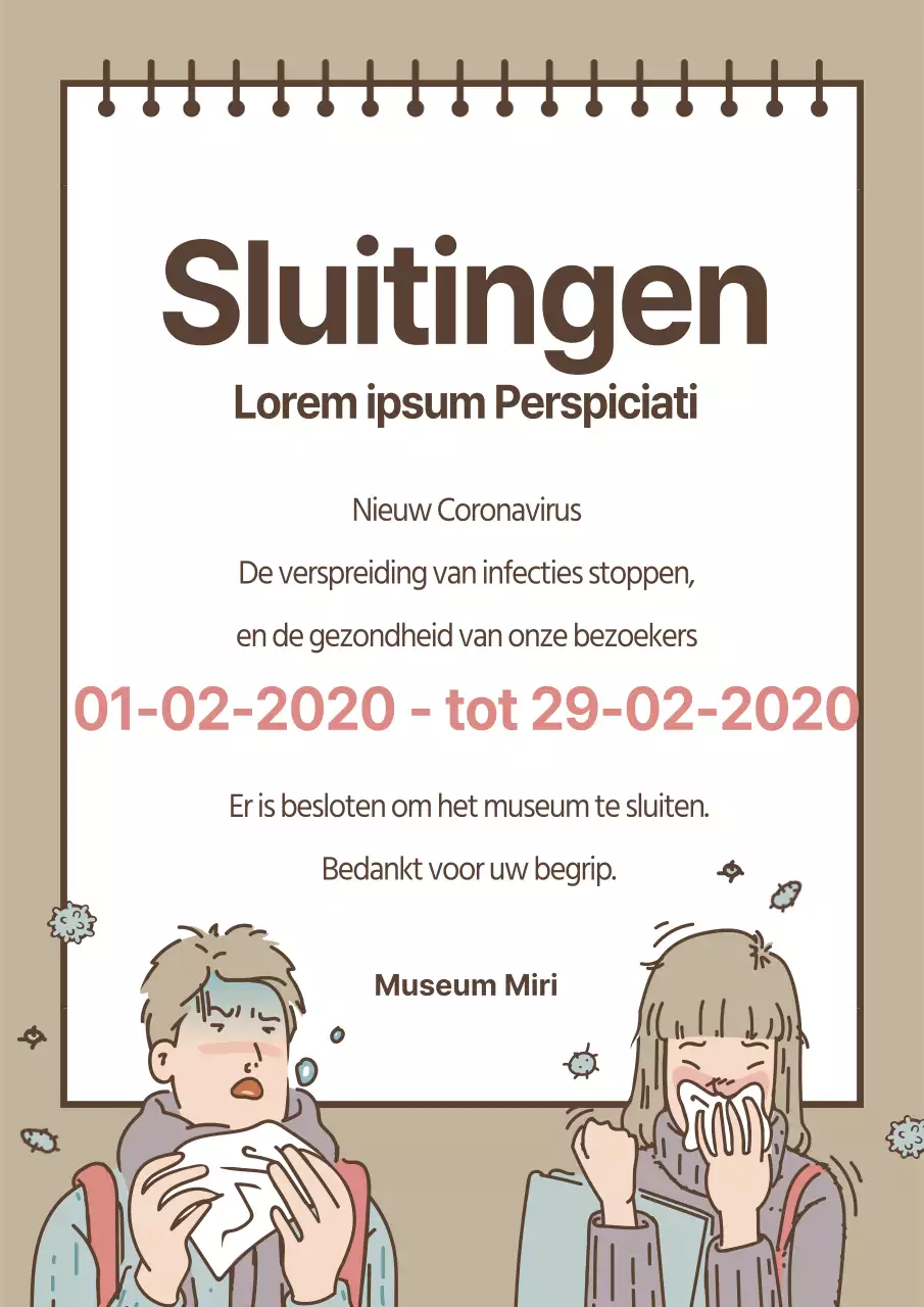 Een schattige beige flyer die de sluiting van het museum aankondigt om de verspreiding van het virus te voorkomen