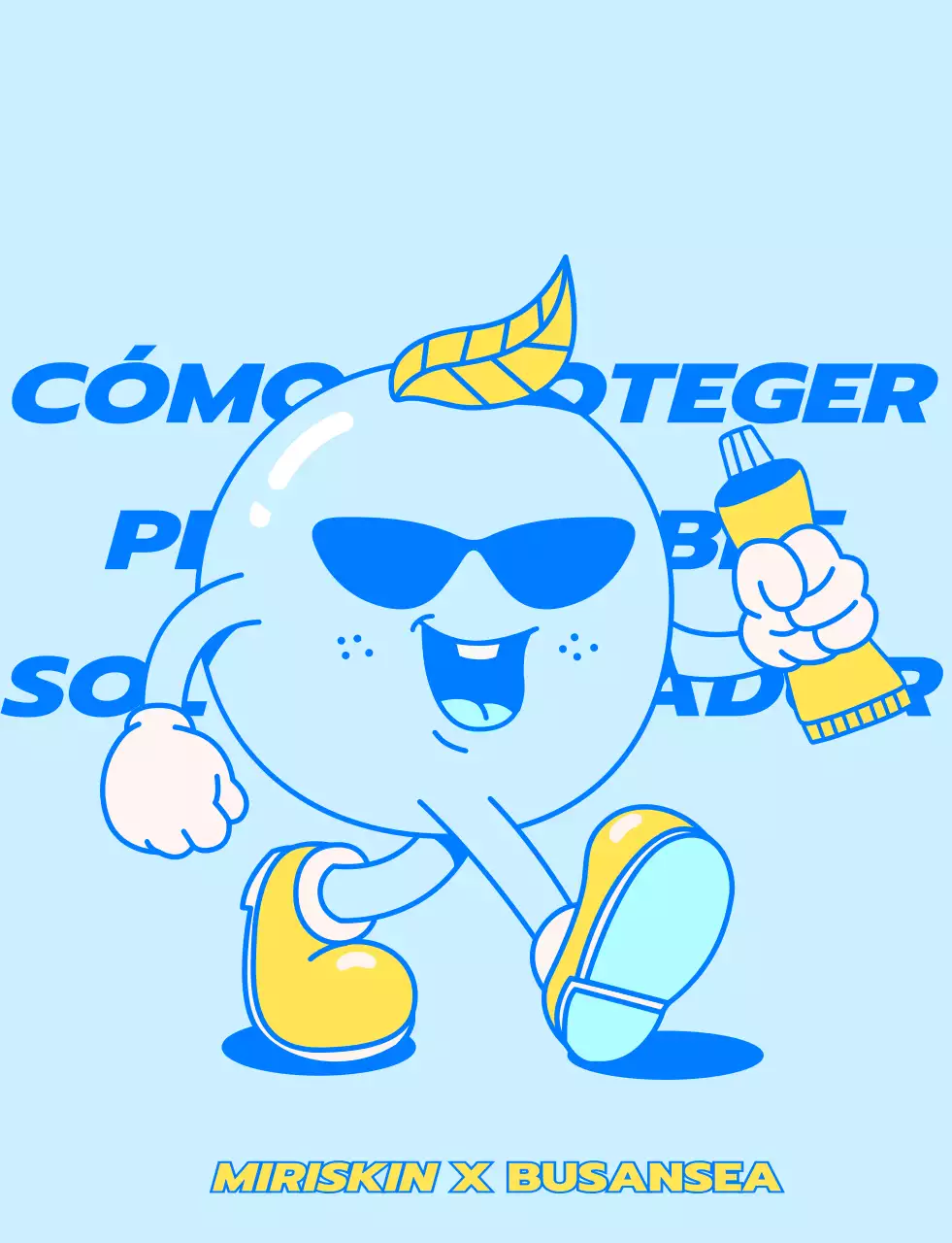 Diseño para personal de tienda pop-up de empresa de cosméticos con personajes andantes azules y amarillos