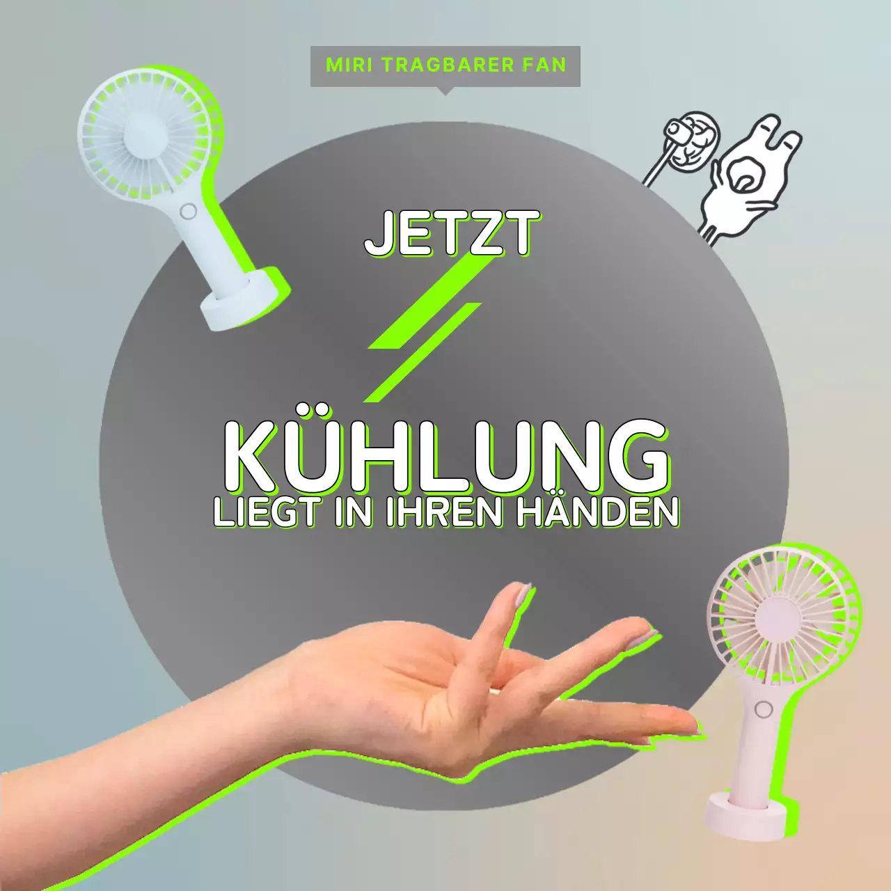 Werbung für einen kühlen grauen Handventilator