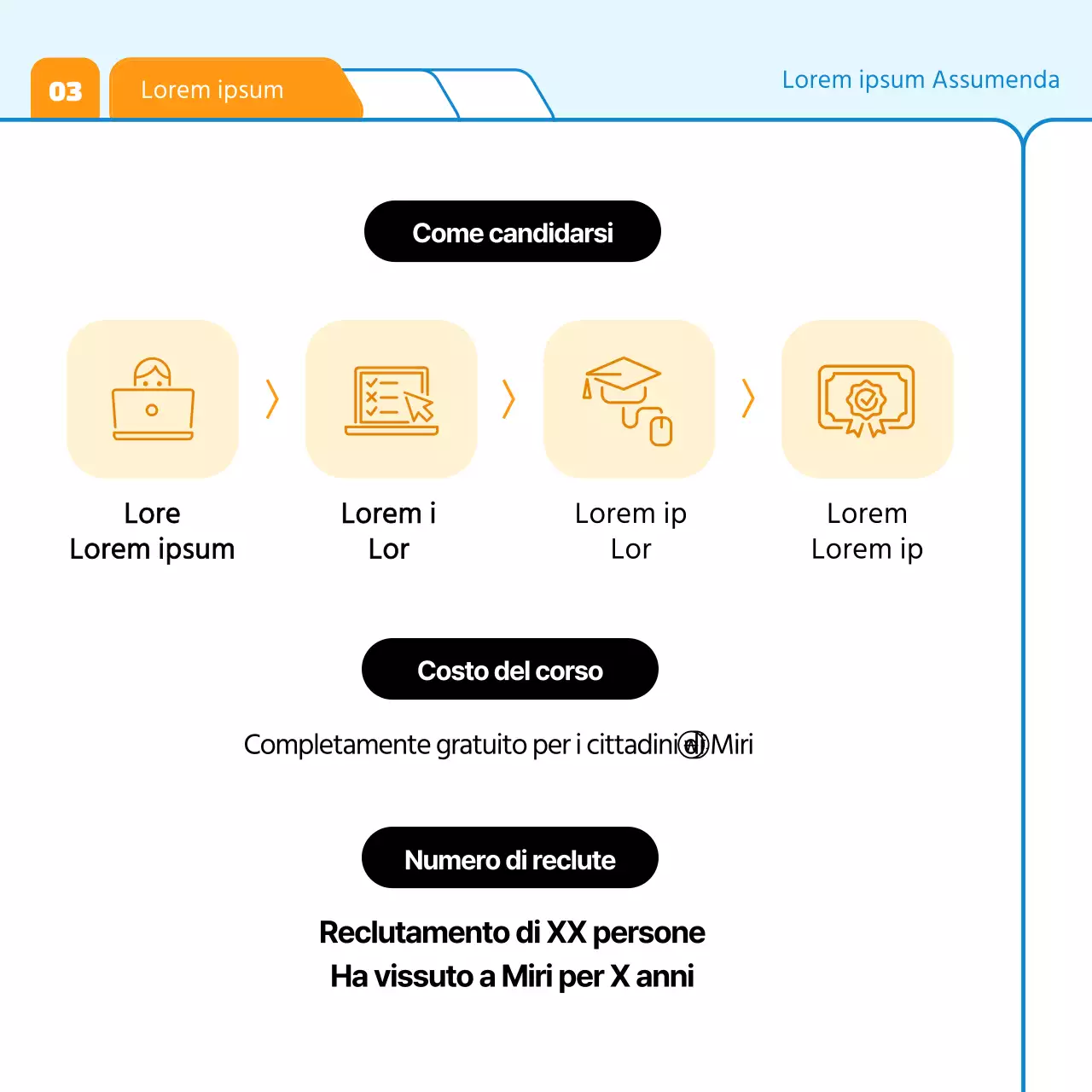 Un semplice pitch di reclutamento blu e arancione per i tirocinanti imprenditoriali