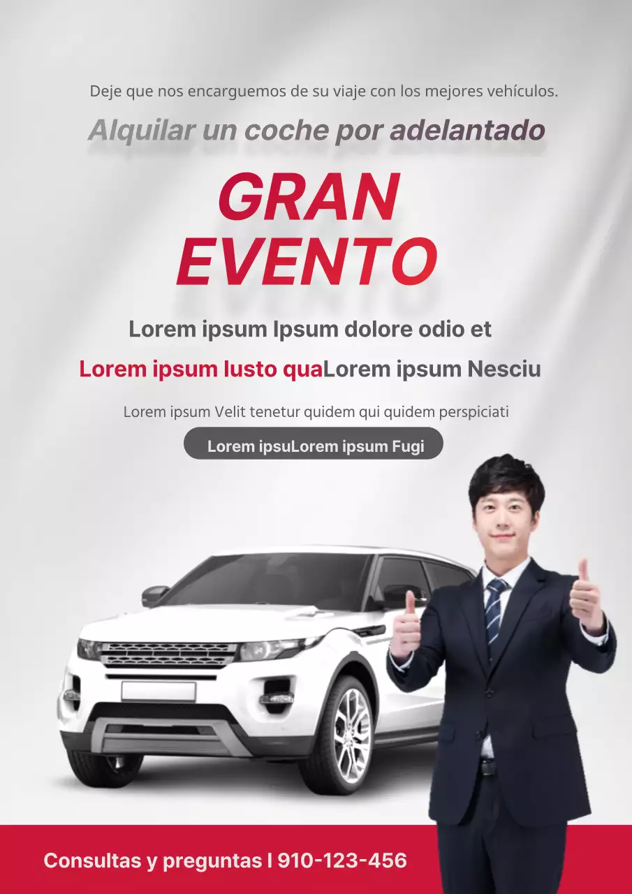 Promociona un descuento en el alquiler de coches con una foto de un coche rojo y gris