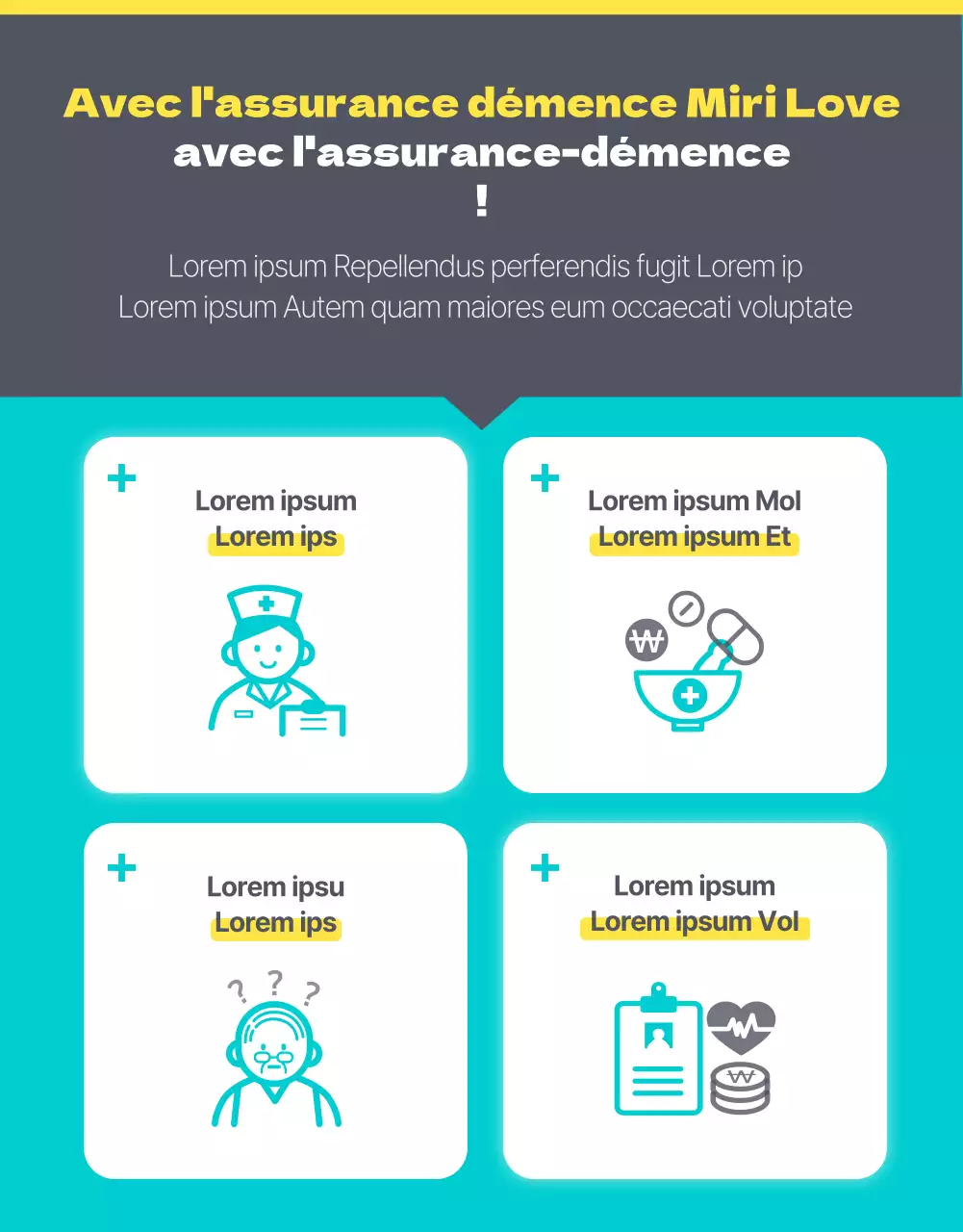 Présentation de l'assurance pour les soins aux personnes atteintes de démence, de couleur turquoise et propre