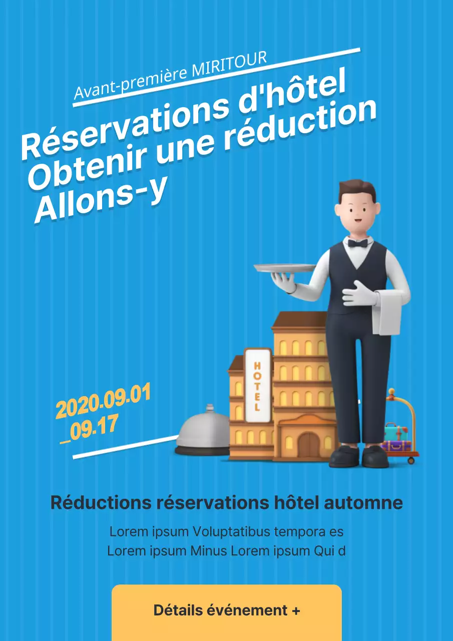 Promouvoir les offres de réduction des hôtels avec des illustrations bleues liées à l'hôtellerie